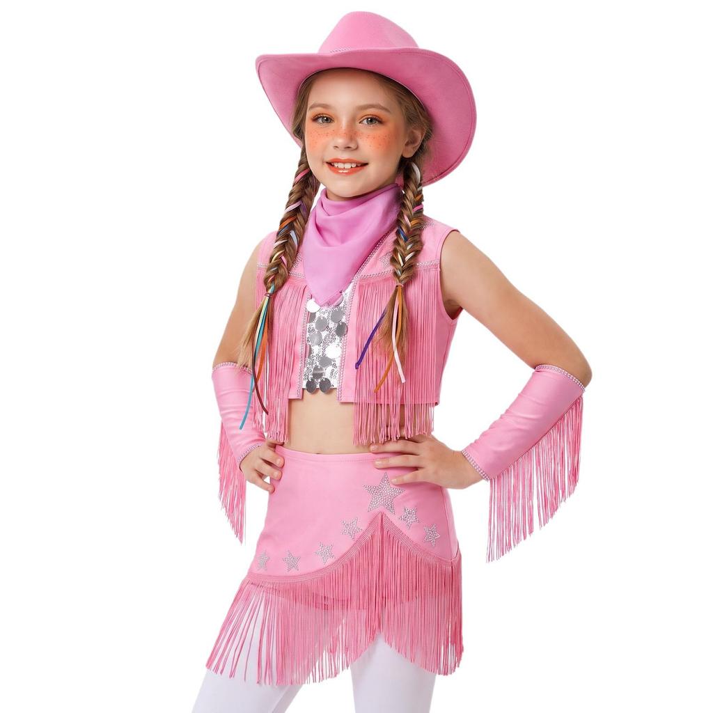 Costume da Cowgirl per Bambine Senza Maniche con Paillettes Strass Frange, Gonna Elastica, Guanti, Cappello, Fazzoletto, Danza Latina, Esibizione sul Palco, Competizione