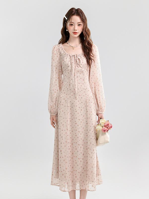 Spring/Summer French Pink Floral Chiffon Tie-Up Slimming Long Dress