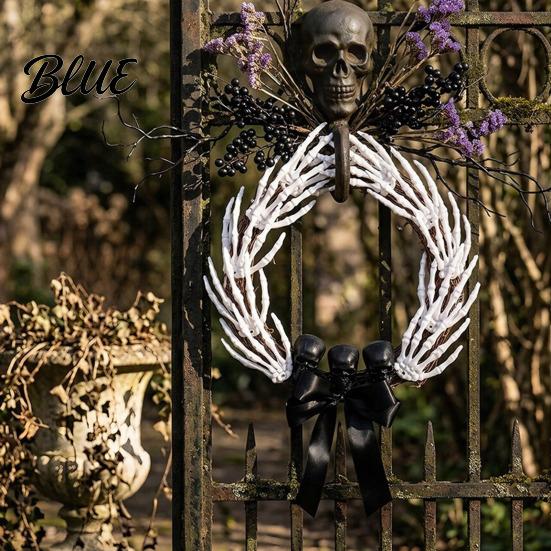 Halloween Skeleton Wreath Hand for Front Door, Gothic Spooky Hanging Garland Decoration with Black Bow And Skulls Door Wall Holiday Party Decor