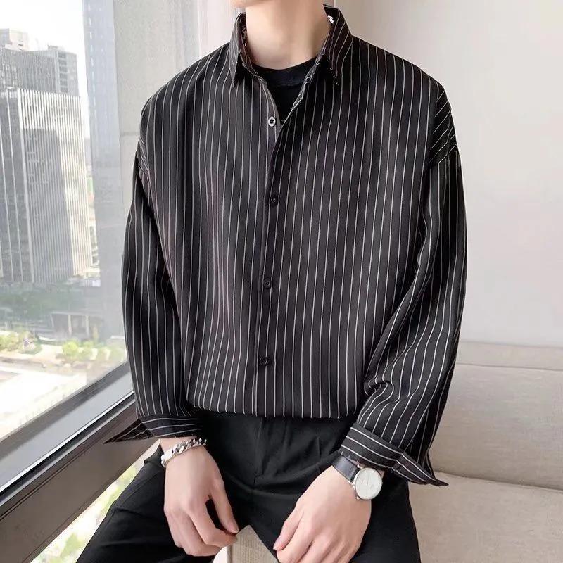 Pruhovaná košile Pánský volný ležérní kabát Klopa Knoflík Dlouhý rukáv Kardigan Formální top
