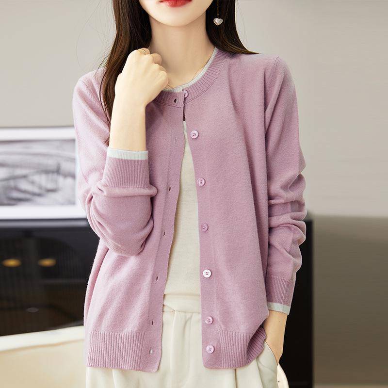 Women's 2024 Spring/Autumn Wool Knit Cardigan - Round Neck Cashmere Sweater Top