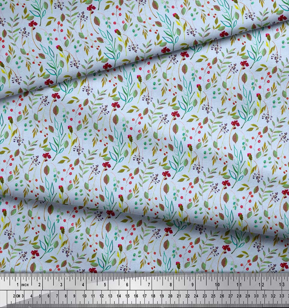 Soimoi Blue Japan Crepe Satin Fabric Red Berries & Beech Leaves Print Fabric by the Metre 42 Inch