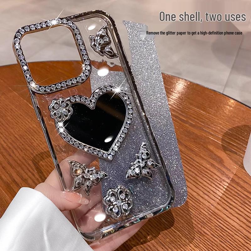 Applicable iPhone 17 Pro Max Glitter Rhinestone Heart Mirror Case - Compatible with iPhone 16/15, Glitter Protective Cover