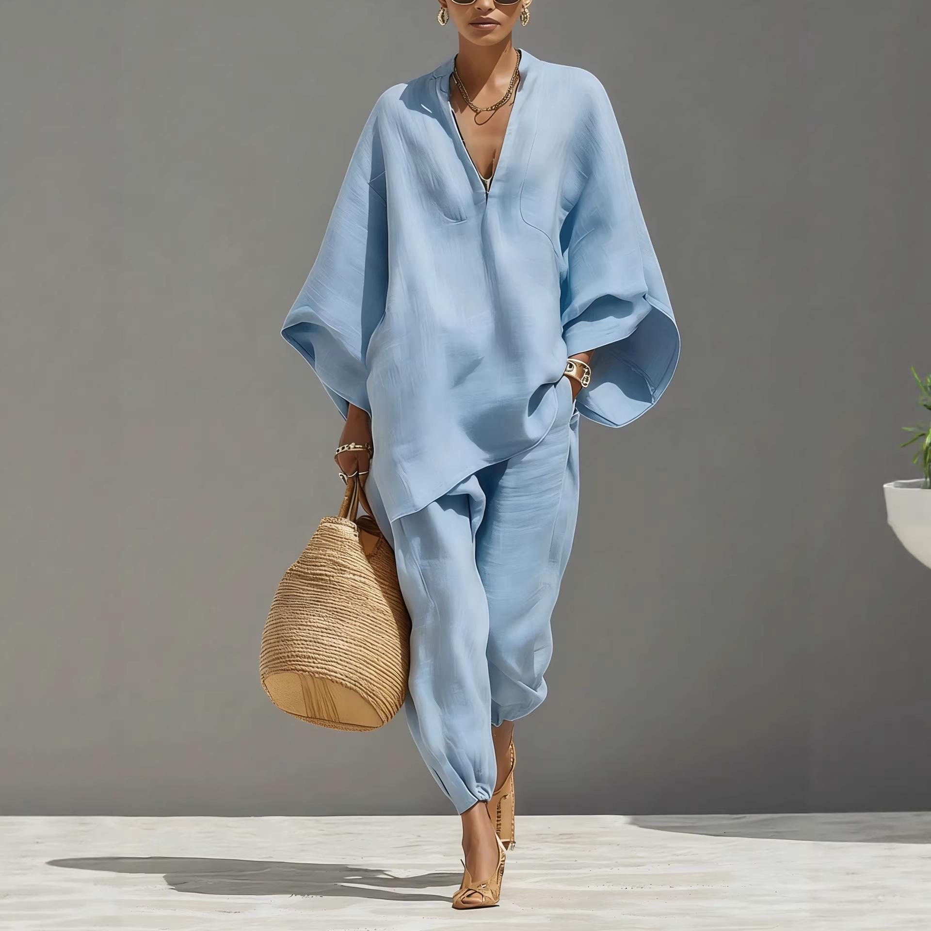 

In Stock 2026: New European & American Women s Casual Vacation Suit with Simple Design L небо синє кольору