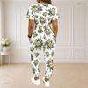 Women Plus Size White Printed Round Neck Short Sleeve Crop Top Drawstring Pocket Pants Two Piece Set
