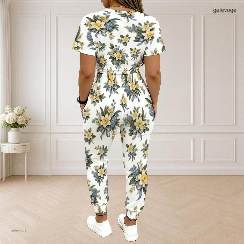 Women Plus Size White Printed Round Neck Short Sleeve Crop Top Drawstring Pocket Pants Two Piece Set
