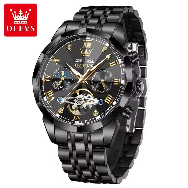 OLEVS 6620 Man Automatic Mechanical Watch Stainless Steel Band Waterproof Luminous Double Calendar Moon Phase Wristwatch for Men