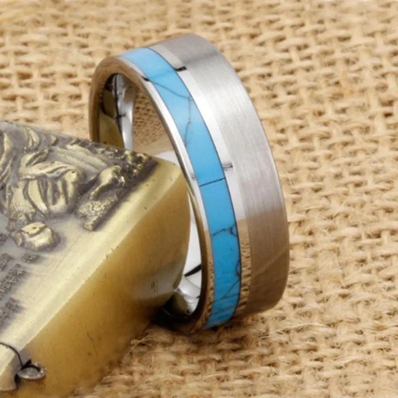 8mm Men Silver Color Stainless Steel Ring Blue Turquoise Stone Inlaid Polished Flat Ring For Men Wedding Band Jewelry