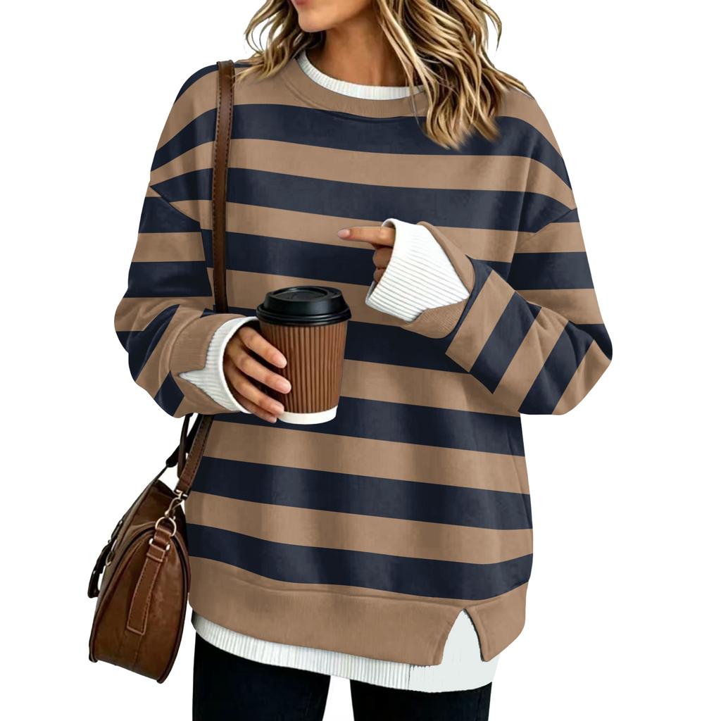 Damen Mode Lässig Gestreift Langarm Sweatshirt Zweiteilig Locker Sitzend Pullover Oberteil