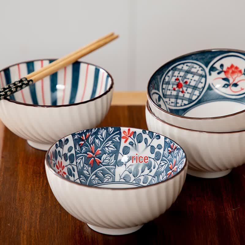 Kanda Qingyun Blue Ceramic Rice Bowl Set with Chopsticks