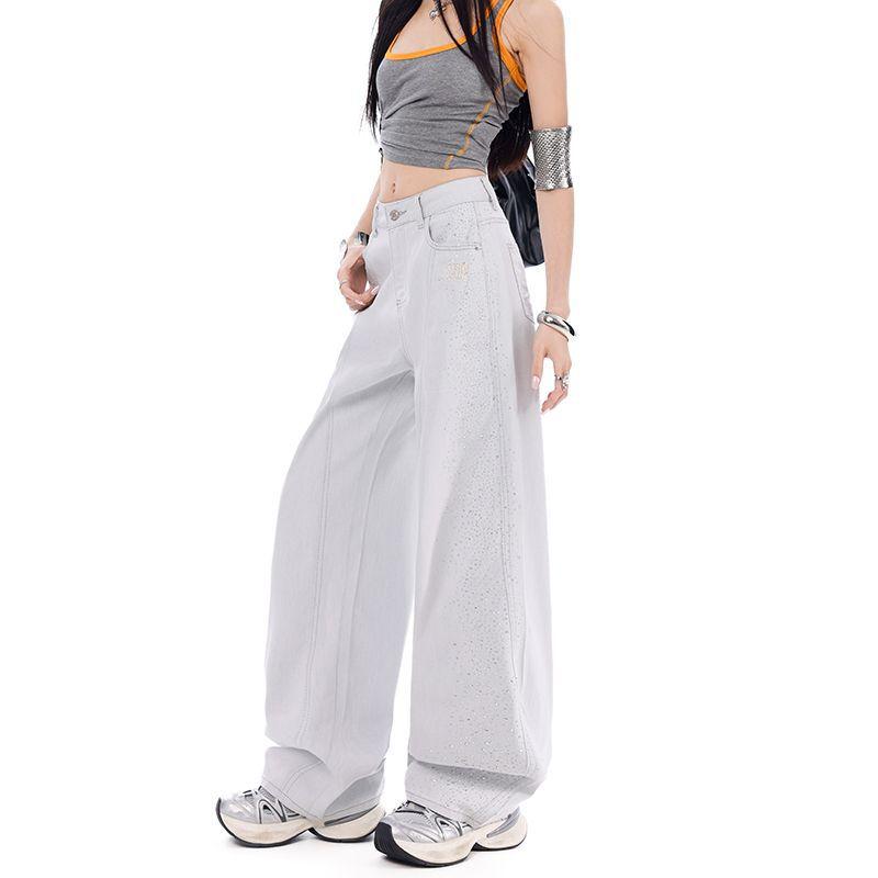 Early Spring Full Star Rhinestone Raised Side Seam Relaxed Floor Wide Leg Denim Pants For Women Casual Pants Oversize Denim Trousers