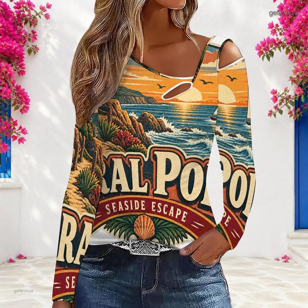 Women Plus Size Asymmetric Cutout Neck Cold Shoulder Fitted Long Sleeve Beach Printed Top