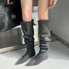 2025 autumn and winter new European and American style knee piling boots flat bottom inner height-increasing denim boots