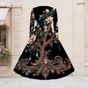 Women Plus Size V Neck Long Sleeve Black White Printed A Line Flared Dress With Belt