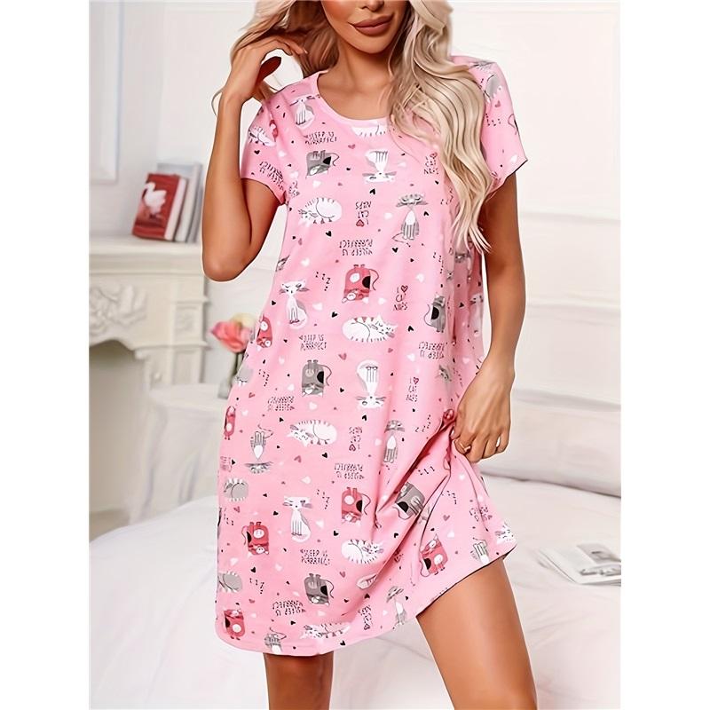 New Ladies Nightdress European And American Style Home Pajamas Skirt Round Neck Dress Casual Printing