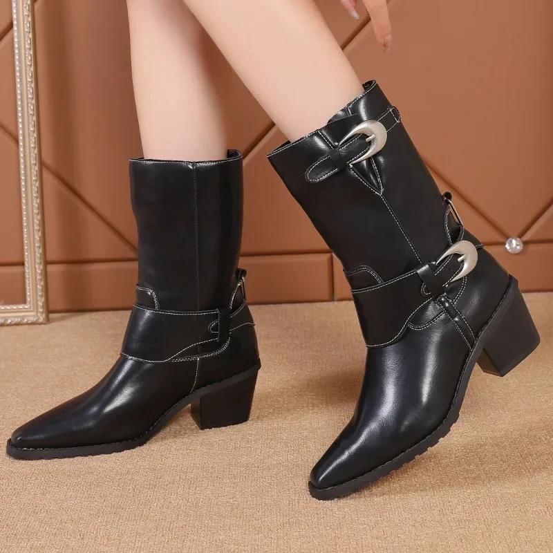 

fashion Shoes for Women 2024 High Quality Sleeve Women Boots Winter Pointed Toe Middle Barrel Block Heel Western Boots Zapatillas Mujer