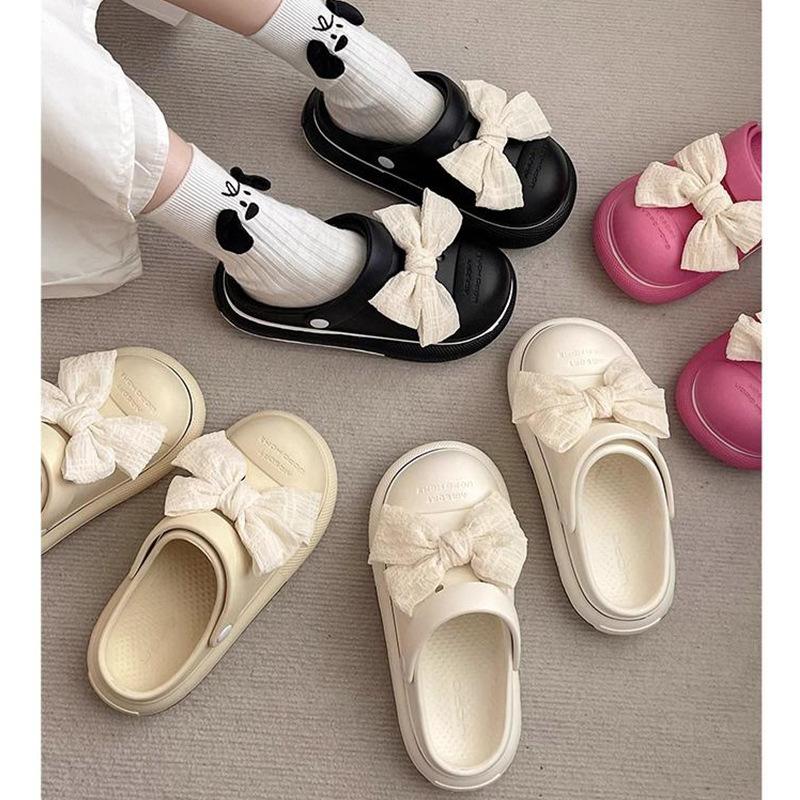 Popular cute sweet fairy wind bow muffin bottom girl 2025 summer wear non-slip bag head cool slippers tide
