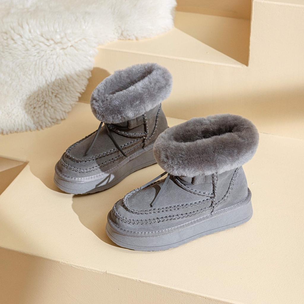 Cattle Suede Matte Leather Piled Thickened Wool Thick-soled Foot Casual Snow Boots Women's 2025 Winter New Cotton Shoes