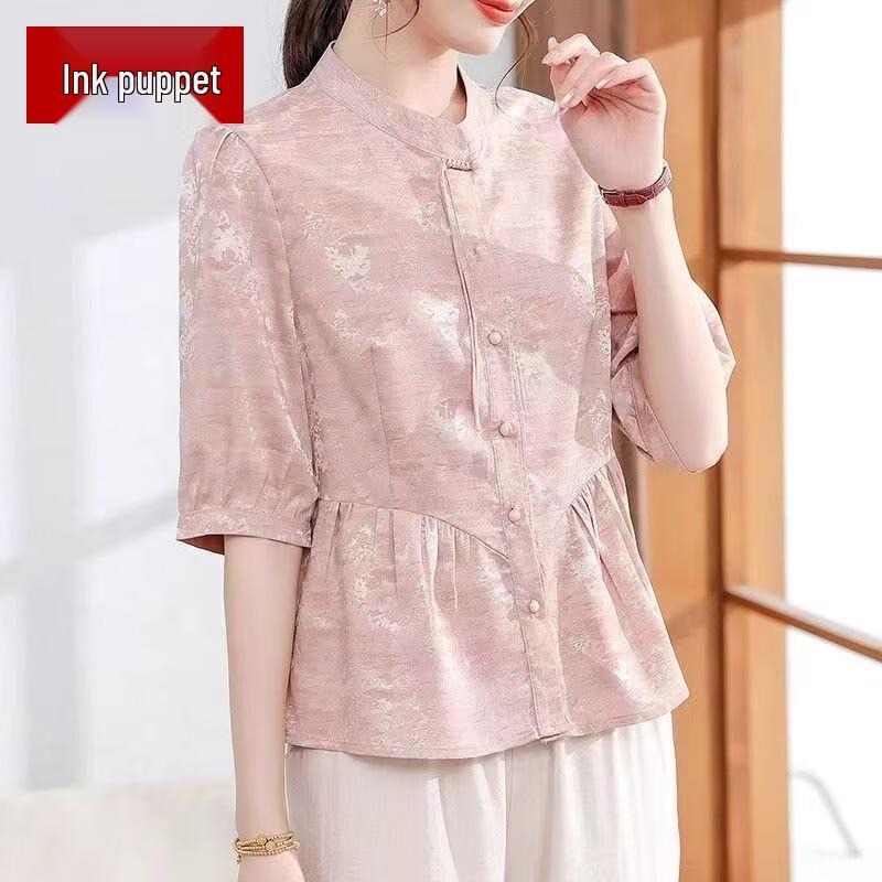 Mo ou Mama Elegant New Chinese Style 3/4 Sleeve Blouse 2XL