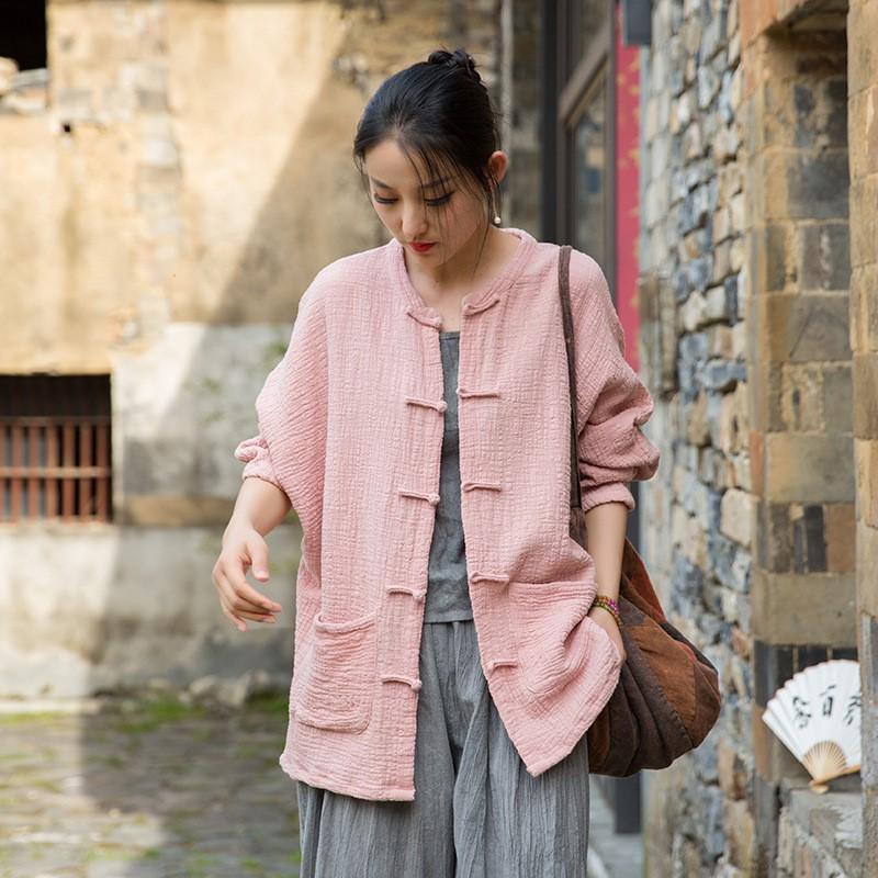 Johnature Vintage Tops Women Shirts Oneck Bat Sleeve Blouses Patchwork Pockets Loose Button Shirts