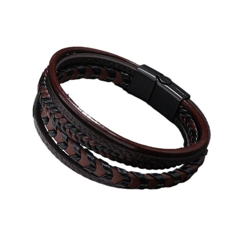 Men's Multi-Layer Leather Rope Woven Bracelet with Alloy Magnetic Buckle