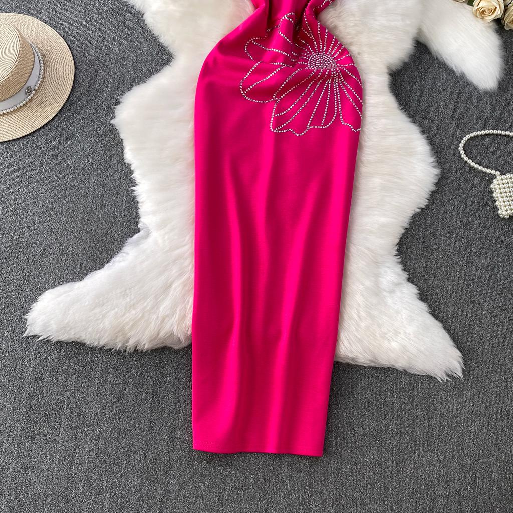 Dinner Party Dress Women's Summer High Sense Hot Diamond Flower V-Neck Sleeveless Slim Skinny Split Dress