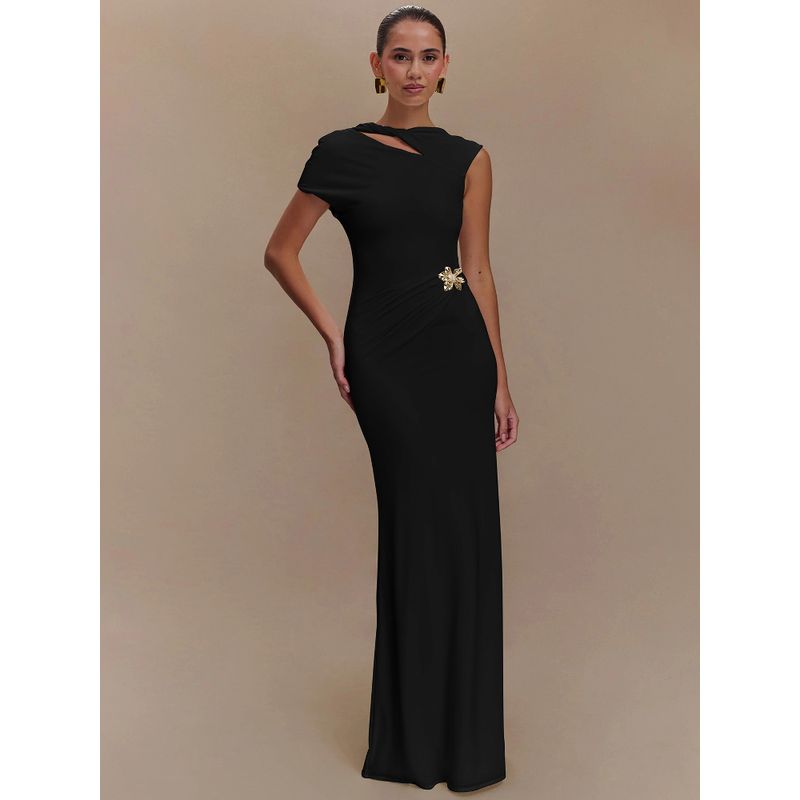 European and American High Sense Solid Sloping Shoulder Short Sleeve Dress 2025 Summer New Pleat Slimming Socialite Fishtail Long Dress