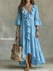 European and American retro dress women's autumn new V-neck ruffle edge splicing loose medium and long dress