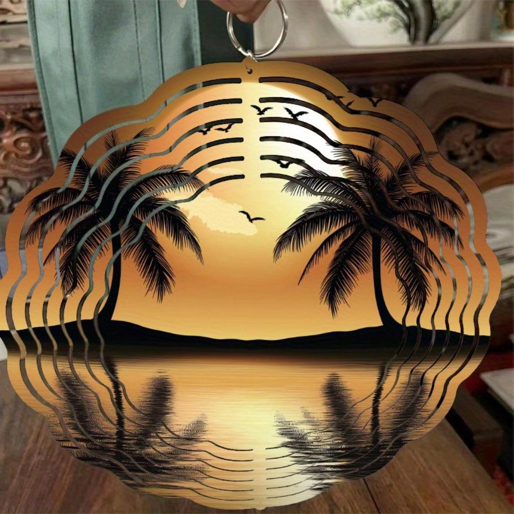 Double Coconut Tree Sunset Reflection Wind Chime with 360 Hook Metal Garden Decor for Outdoor Balcony Lawn Spring Summer Fall Winter
