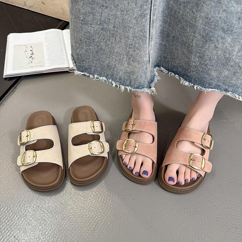 Retro Thick-soled Double-buckle with Drag Women's Shoes, Summer New Fashion Flat-soled One-word Sandals Women's Shoes