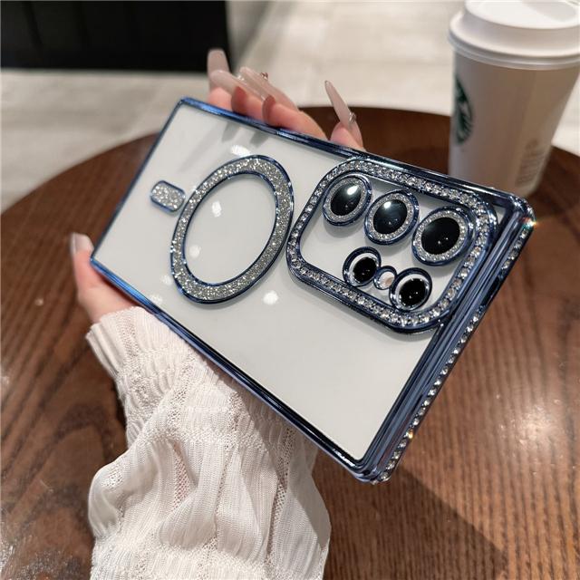 For Samsung Galaxy S25 Ultra Luxury Glitter Magsafe Magnetic Plating Diamond Frame Phone Case For Samsung S22 S23 S24 Plus Cover