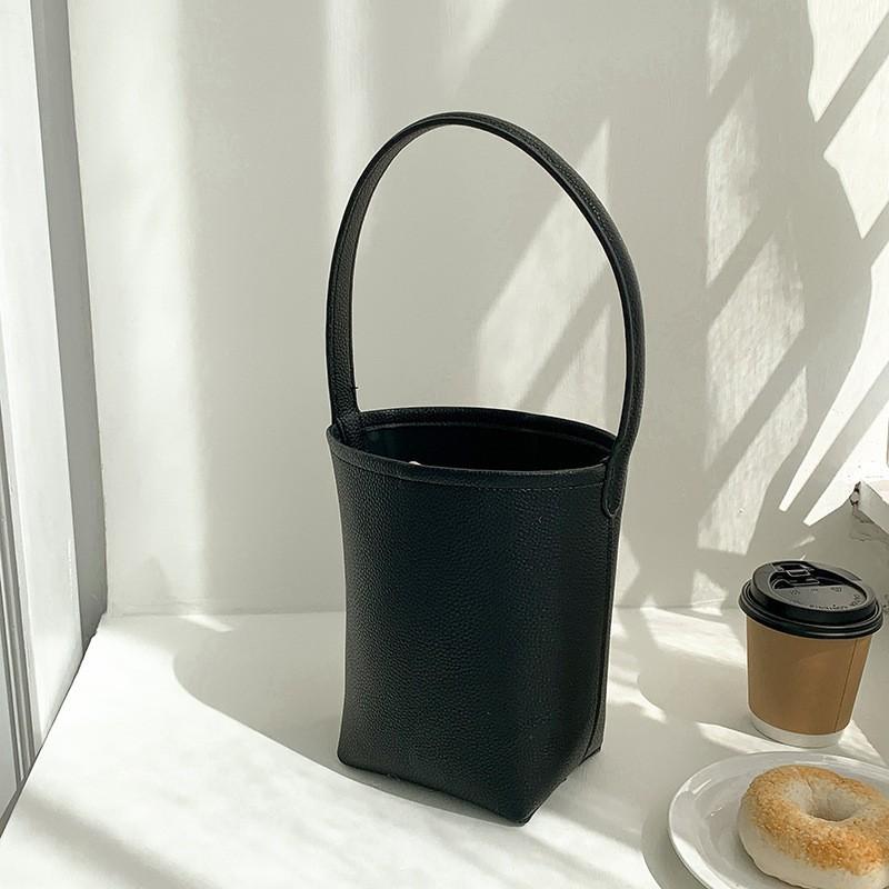 Korean Style Lychee Pattern Styling Soft Leather Cylinder Handbag Large Capacity Niche All-matching Simple Commuter Bucket Bag Storage чёрный