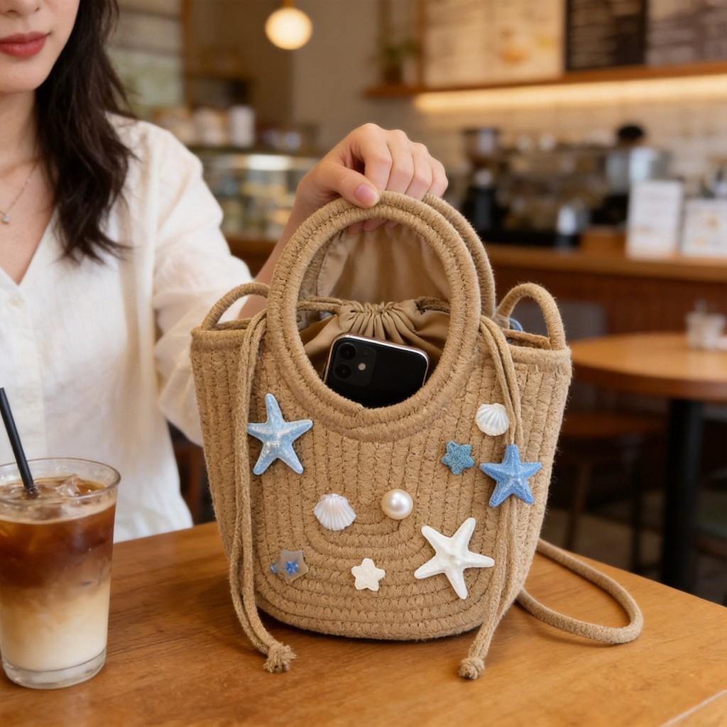 Grass Weave Handbag For Women Small Bucket Style Casual Summer Beach Accessory