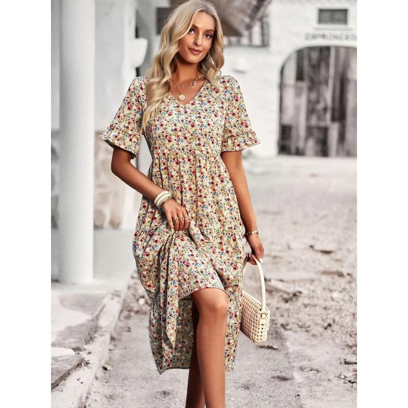 Sommerkleid für Damen, V-Ausschnitt, elegant, bedruckt, kurzärmelig, hohe Taille, A-Linie, Blumenmuster, Urlaubskleid