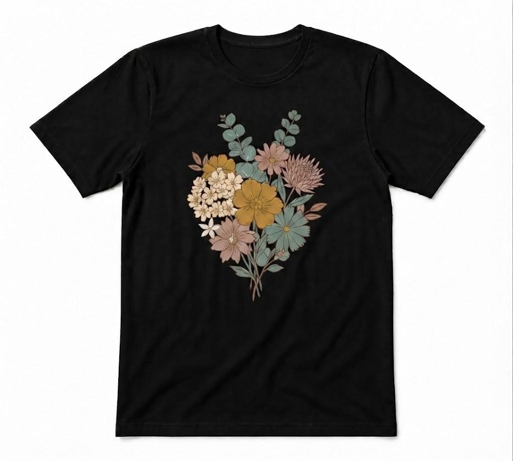 Wildflower Boho Inspired Botanical Floral Graphic Tee Black T-shirt