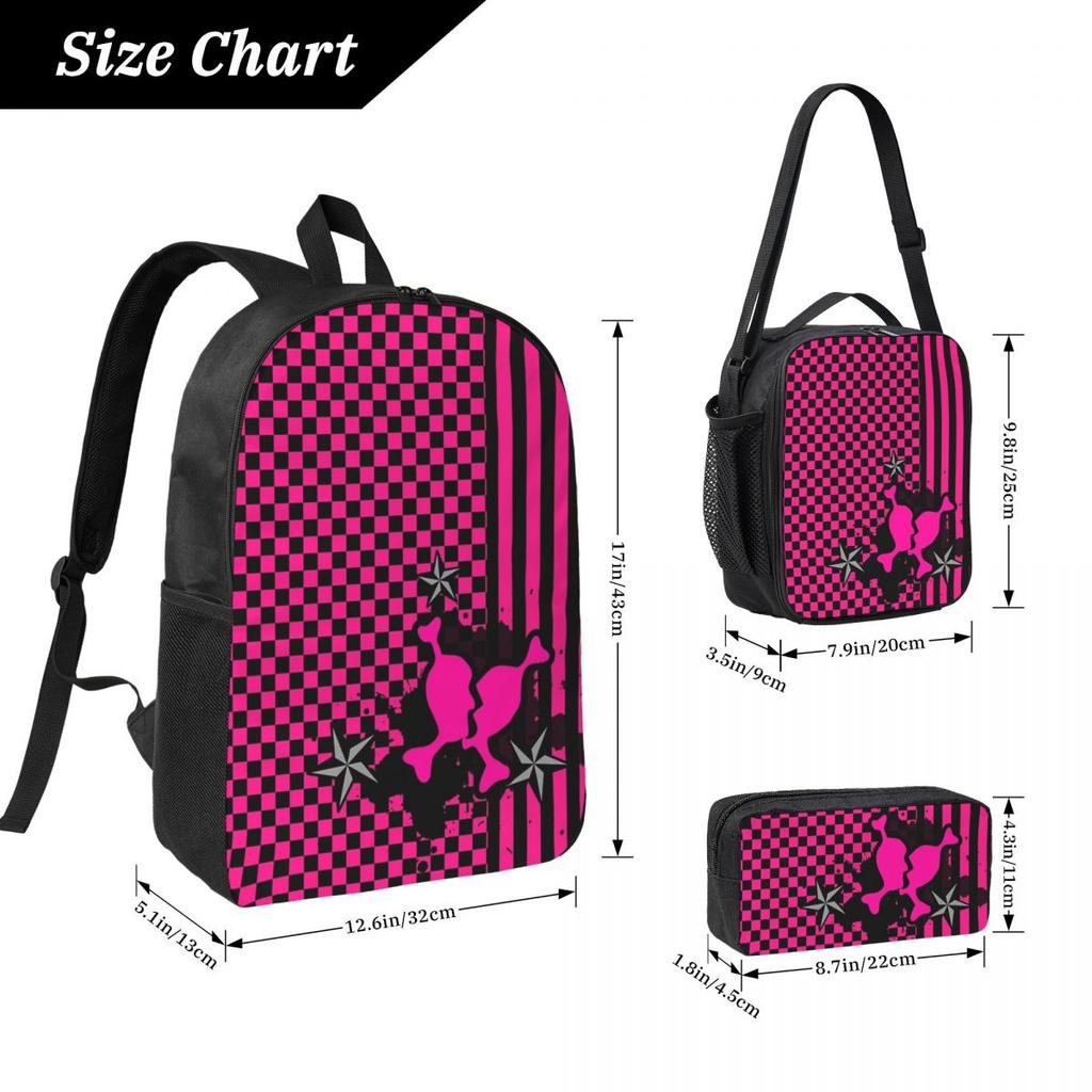Punky Pink Emo Backpack Boys Girls BookBag School Bag Laptop Shoulder Bags 3ps Insulated Lunch Bag Pencil Case
