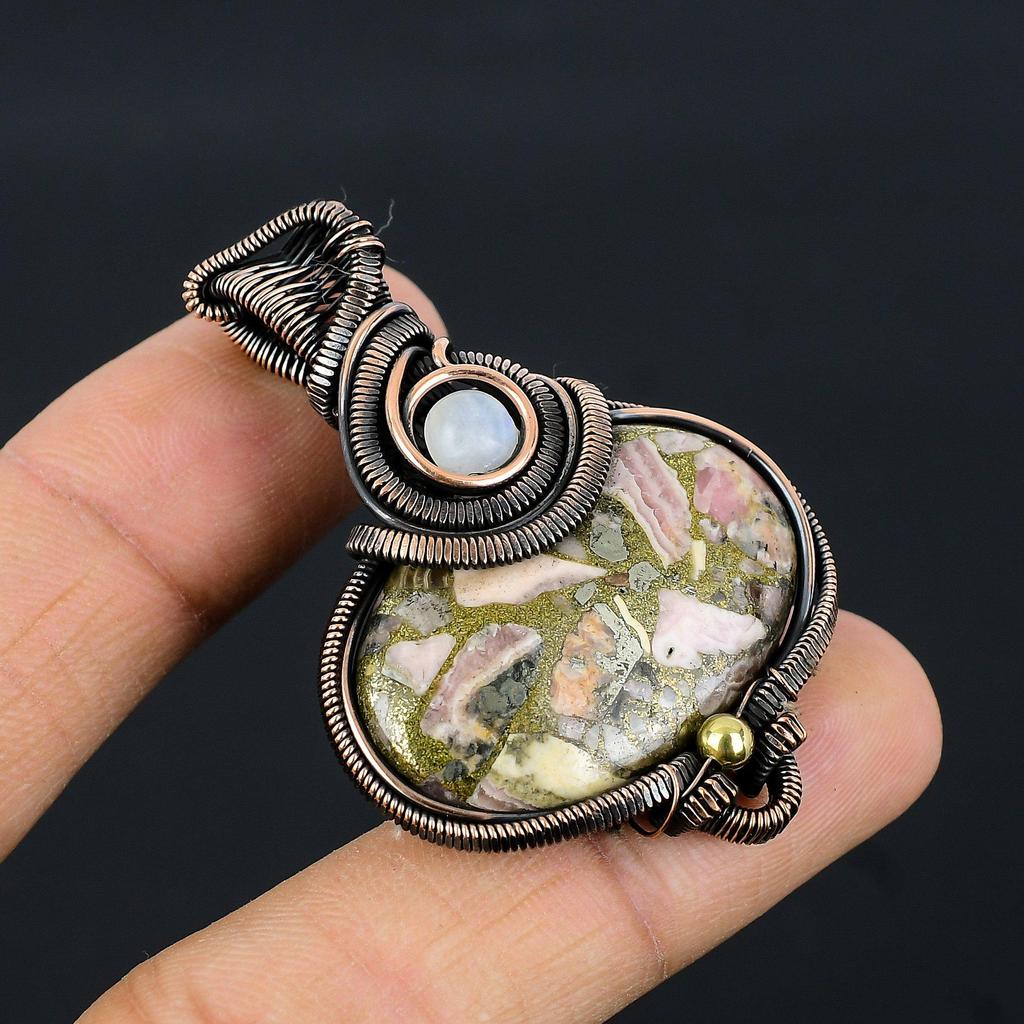 Copper Rhodochrosite Pendant, 999 Copper Wire Wrapped Jewelry, Gemstone Jewelry Pendant, Handmade Wedding Gift Jewelry