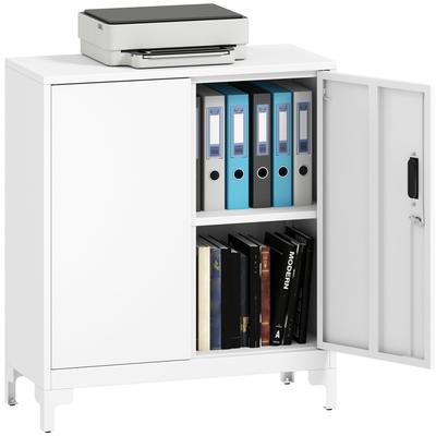 Lockable Metal Filing Cabinet, 2-Tier Storage Cupboard with Double Doors, Modern Office Organiser, White