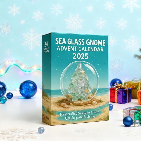 Seaglass Gnome Adventní kalendářová krabička 24 dní Vánoční odpočítávací kalendář s 24 ručně vyrobenými ozdobami skřítků z mořského skla Sváteční párty dárek