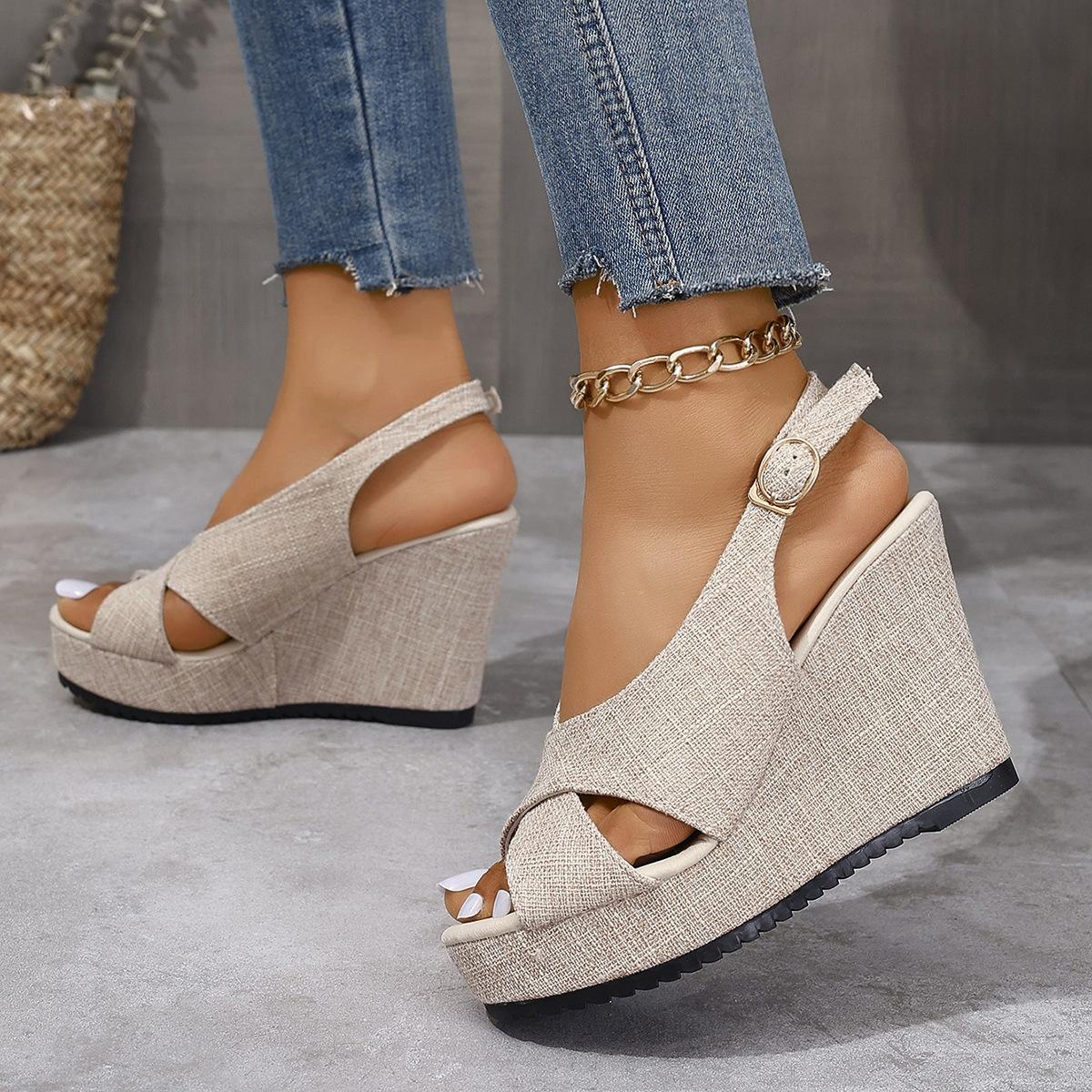 

Босоножки на платформе и танкетке женские 2025 года, большой размер, джинсовая ткань, кросс-бук 43 бежевый