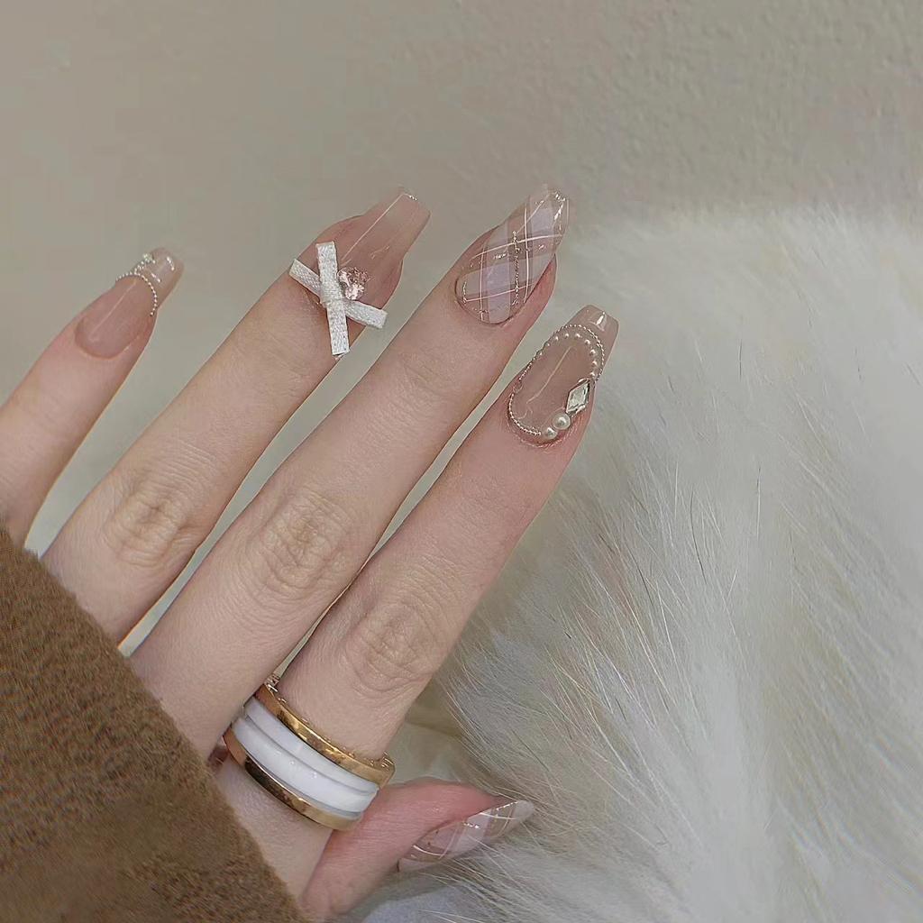 Pure Hand-wearing Armor Nude Temperament Style Steel Ball French Bow Plaid Manicure Finished Product
