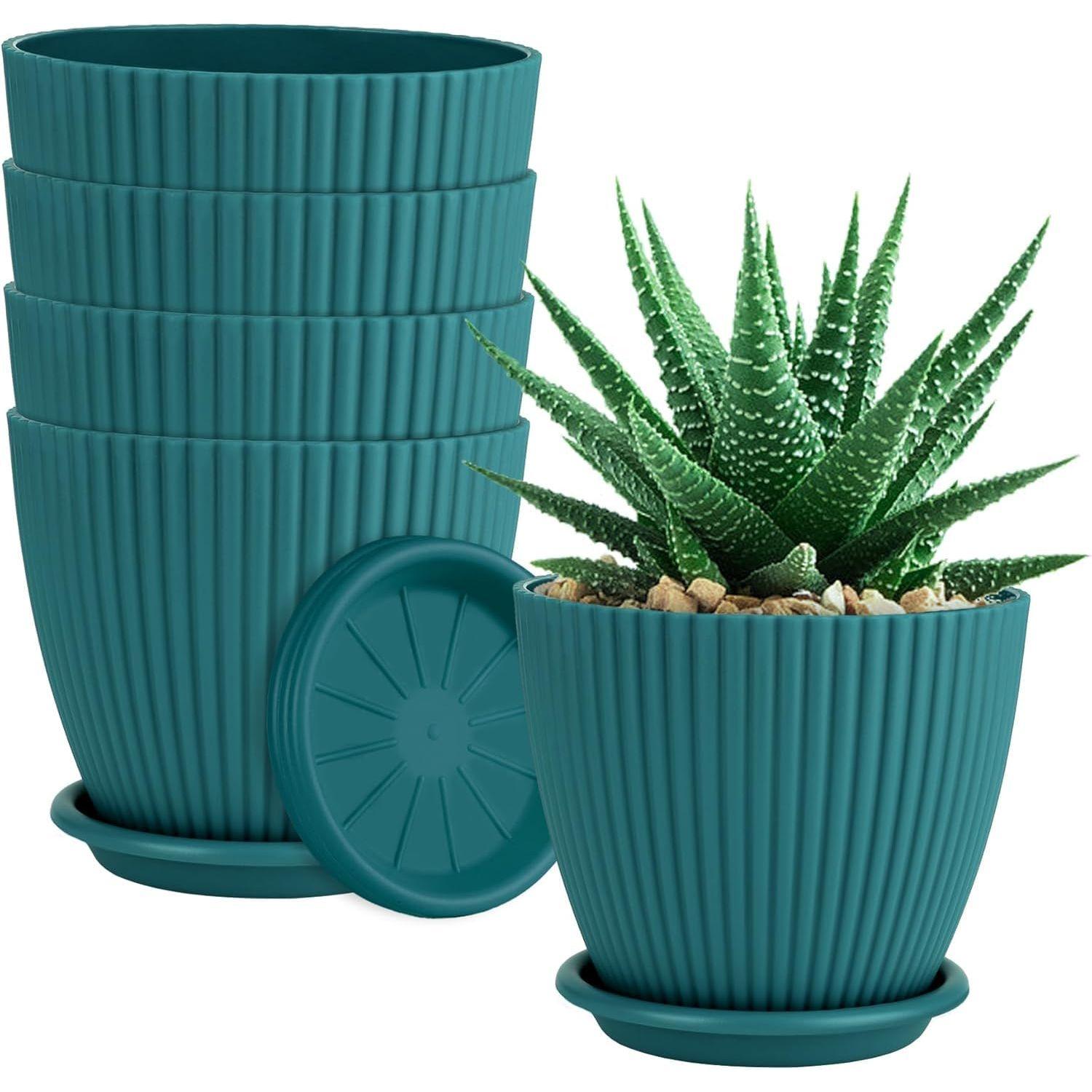 

Plastic Round Flower Pots with Tray for Home Planters, Terrace, Garden Etc | Pack of 05 | Peacock | Size 6.5 Inch | for Home Indoor & Outdoor 6.5 INCH