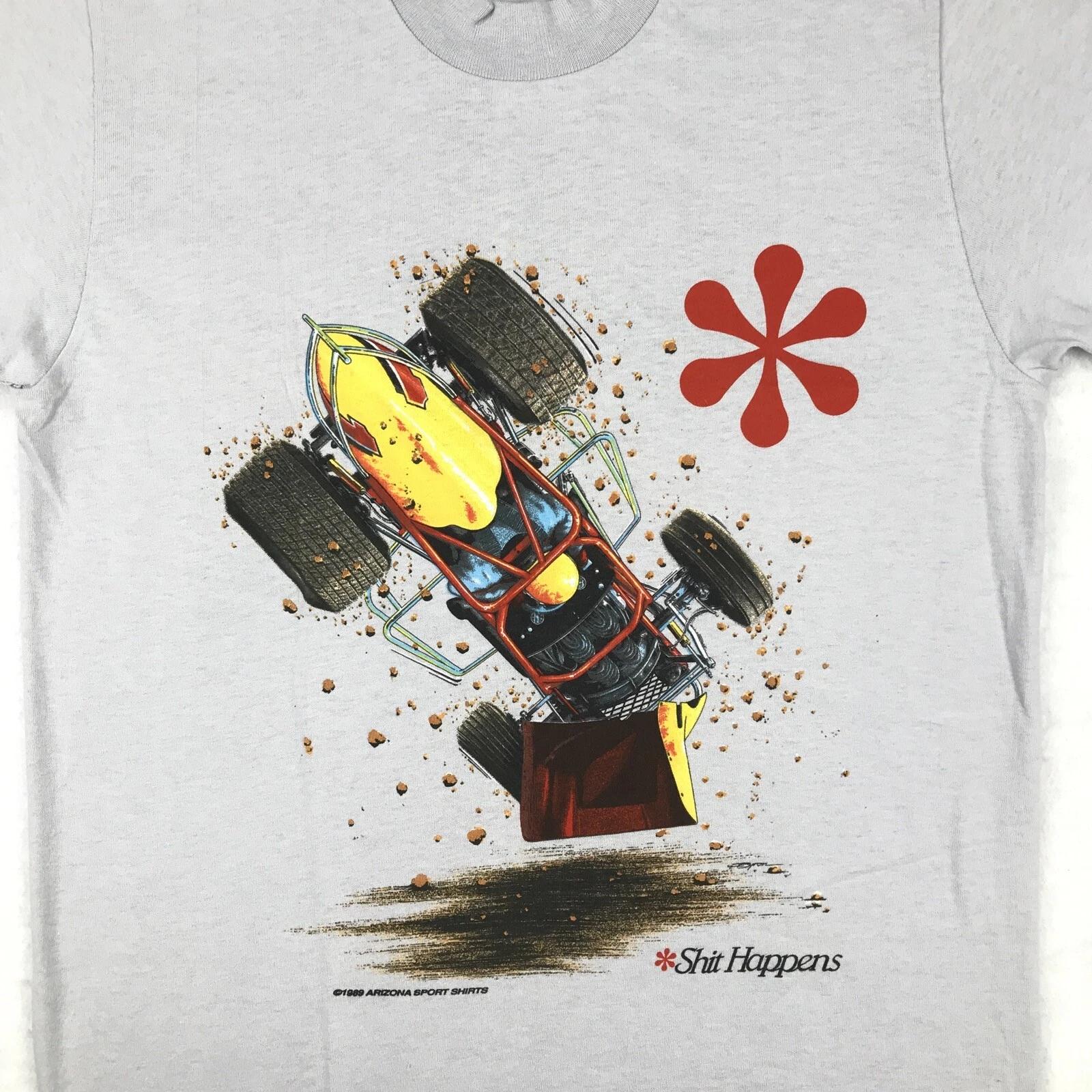 

NOS vintage 80s SPRINT CAR RACING SH!T HAPPENS T-Shirt MEDIUM single stitch 4XL