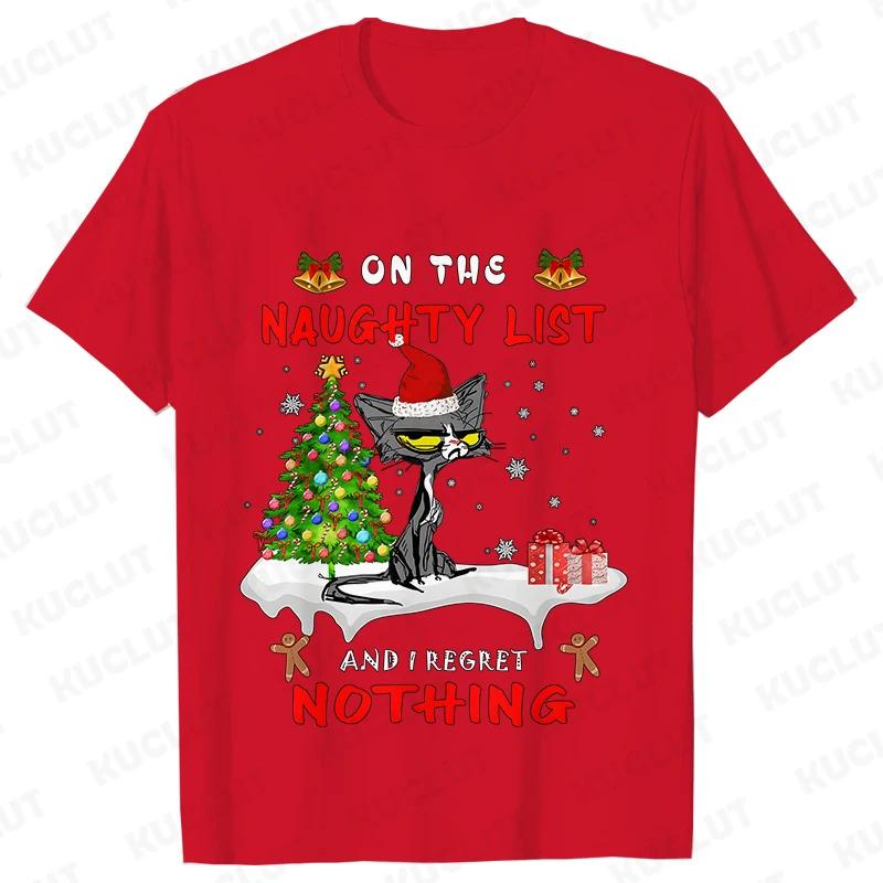 Funny Unisex Tshirt on The Naughty List and I Regret Nothing Tops Black Cat Print Tshirts Casual Merry Christmas Casual Tshirts