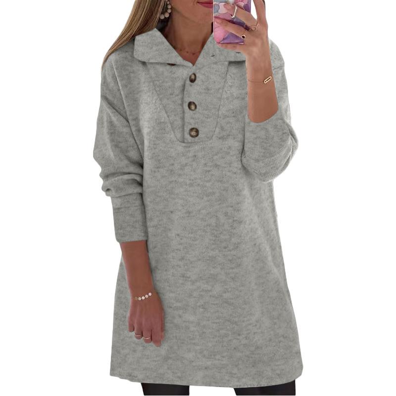 Women's Long Sleeve Shirt Dress Turn Down Collar Loose Waist Casual Solid Knit Sweater Dress