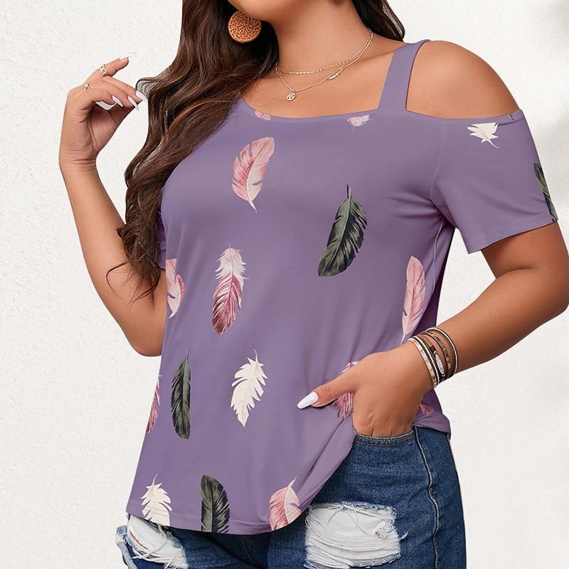 

Свободная рубашка с коротким рукавом с принтом, женские летние тонкие рубашки с открытыми плечами, женские элегантные блузки с косым воротником 28062 4XL фиолетовый