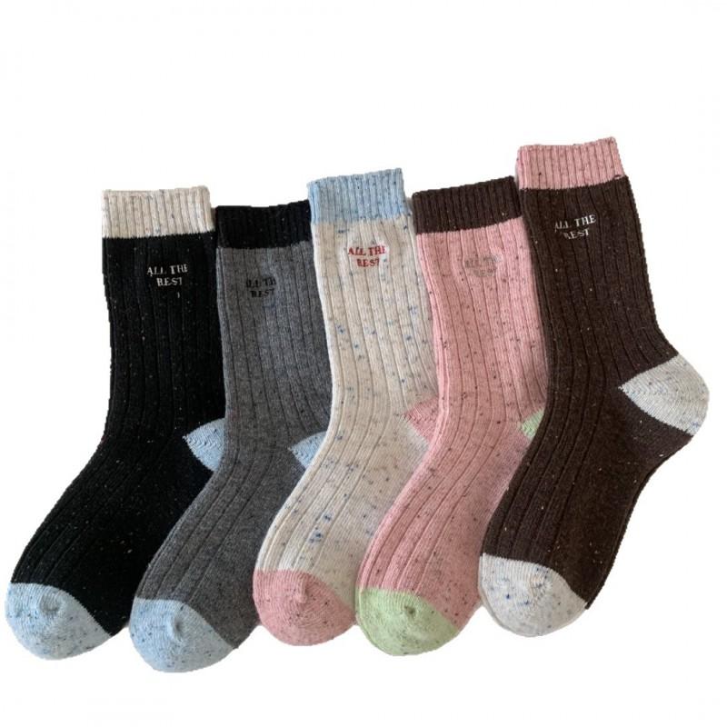 Korean Style Colorblock Thick Wool Blend Socks Women Warm Seamless Mid-Calf Crew Winter