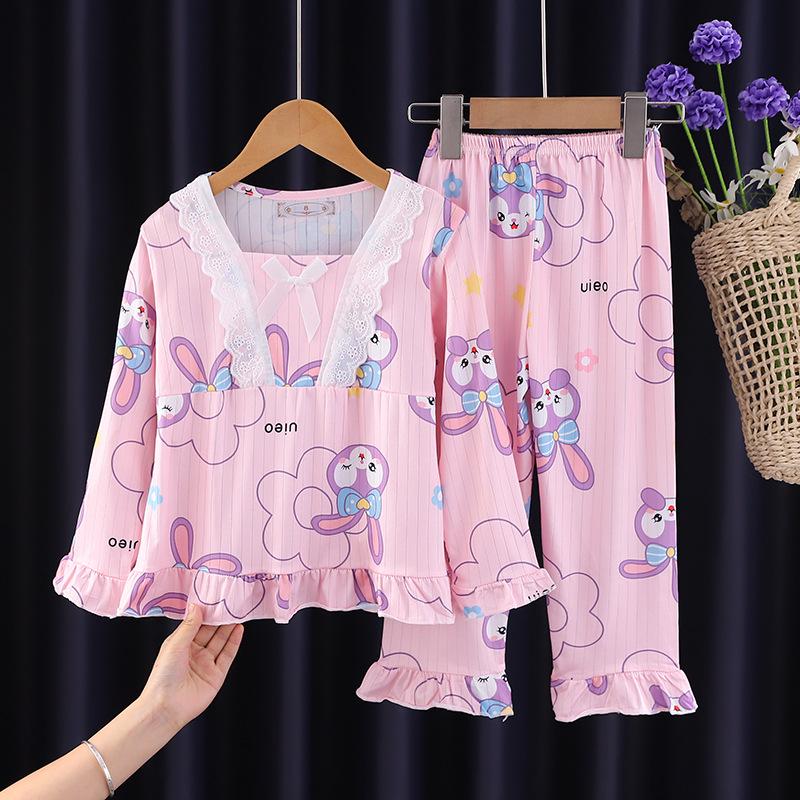 Kids' and Women's Spring Autumn Cartoon Pajama Set - Long Sleeve, Long Pants, KPOP Square Neck Homewear for Middle Large Child Girls
