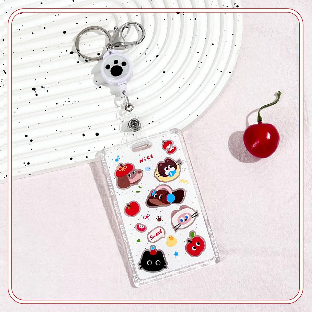 Kawaii Cat Keychain Sliding Card Holder Student Meal Card Bus Card Photo Card Holder Lanyard Lady Id Card Credit Card Holder