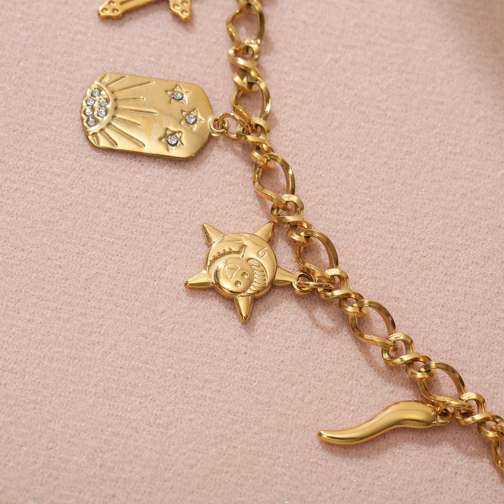 Golden Tone Stainless Steel Multi-Charm Bracelet with Cross and Sun Pendants for Women